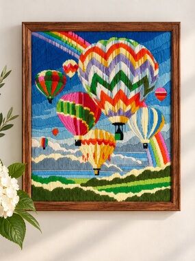 Monarch Horizons Always Chasing Rainbows Framed Hot Air Balloon Needlepoint
